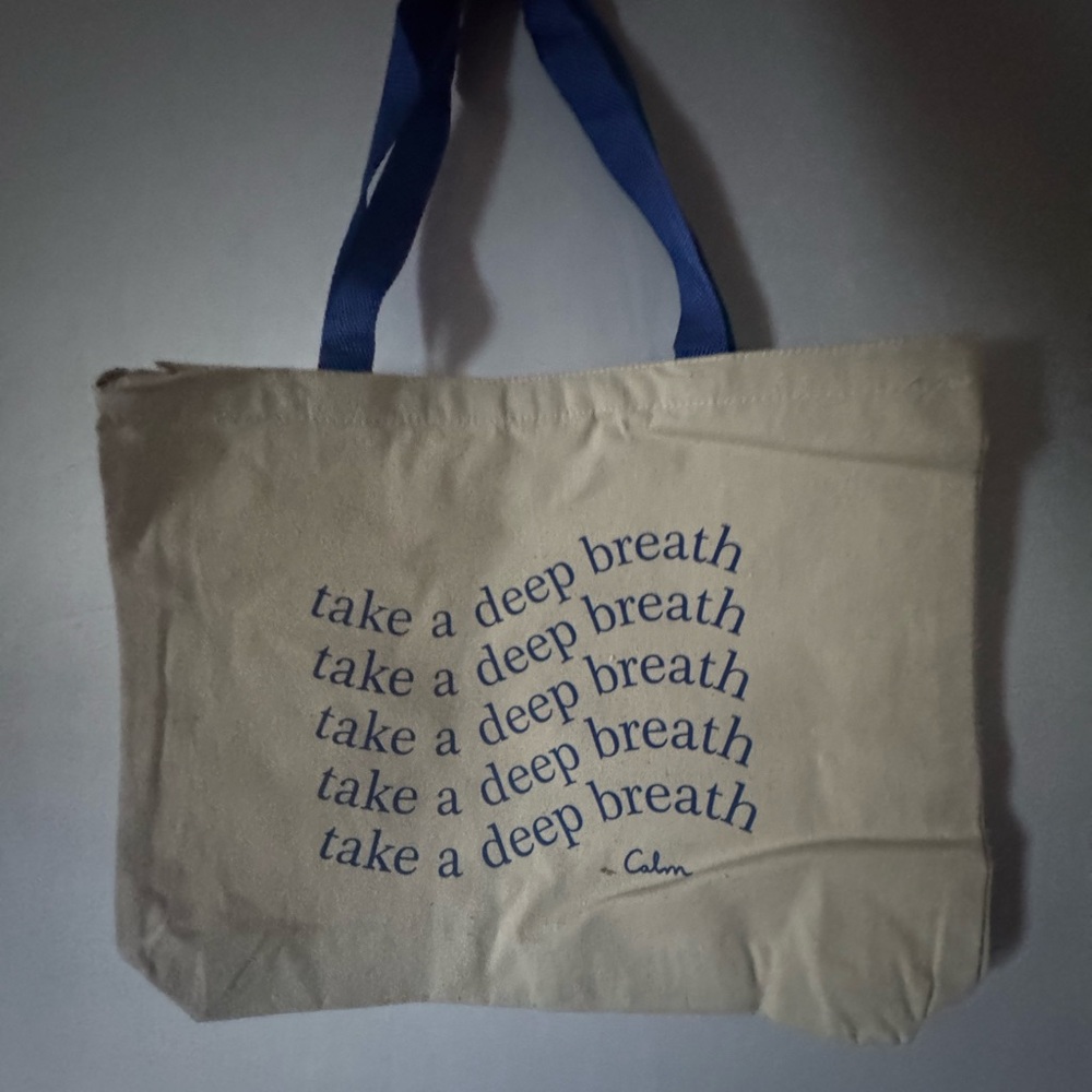 Beige Canvas Tote Bag with Blue Handles